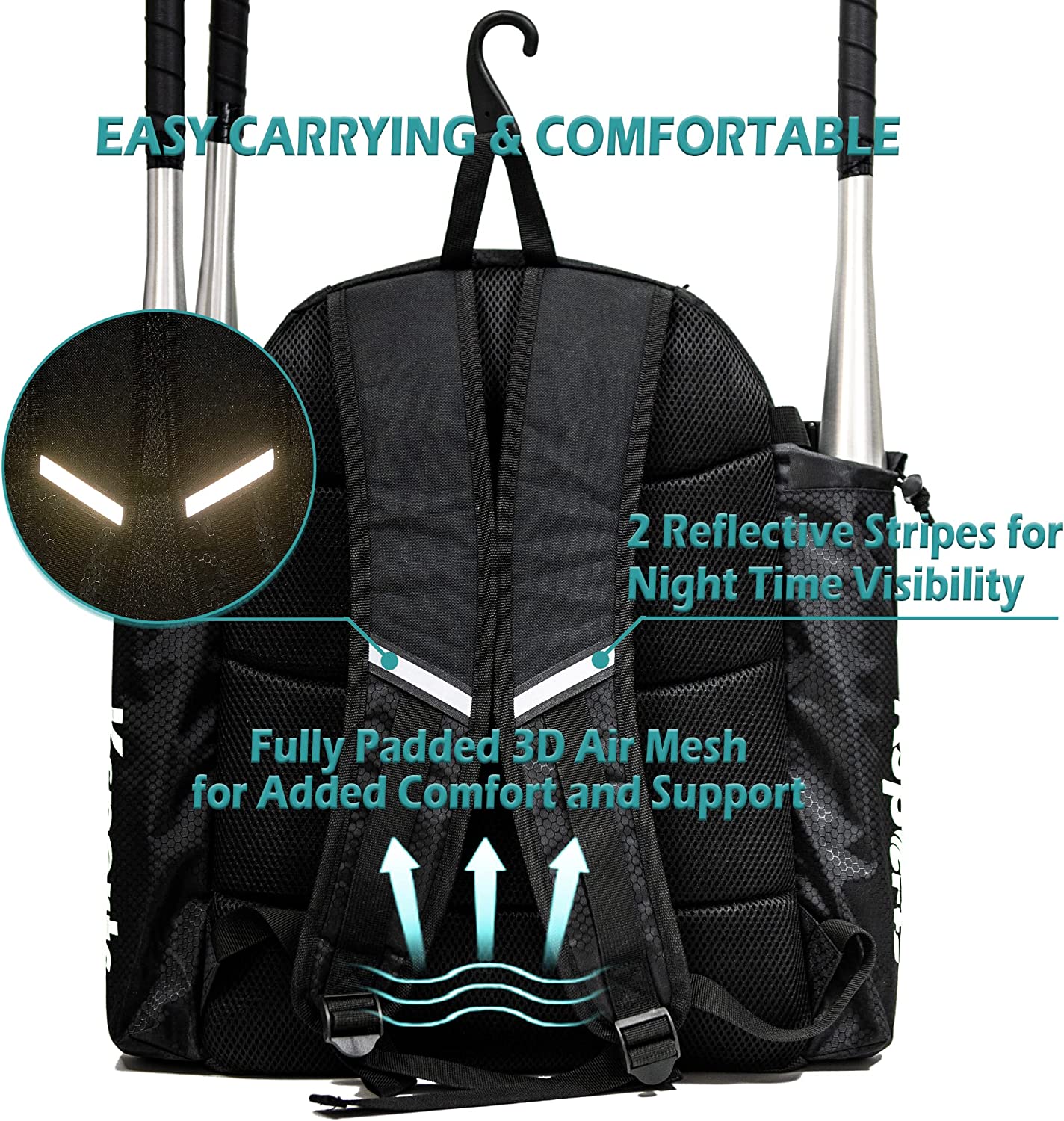 Ksports Baseball Backpack Black with White Zipper (KSU6002)