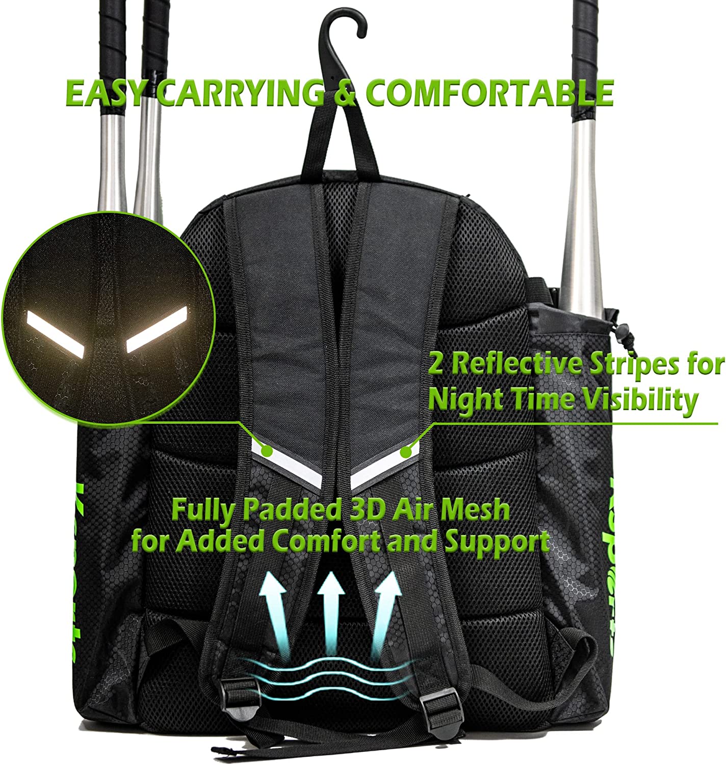 Ksports Baseball Backpack Black with Green Zipper (KSU6003)