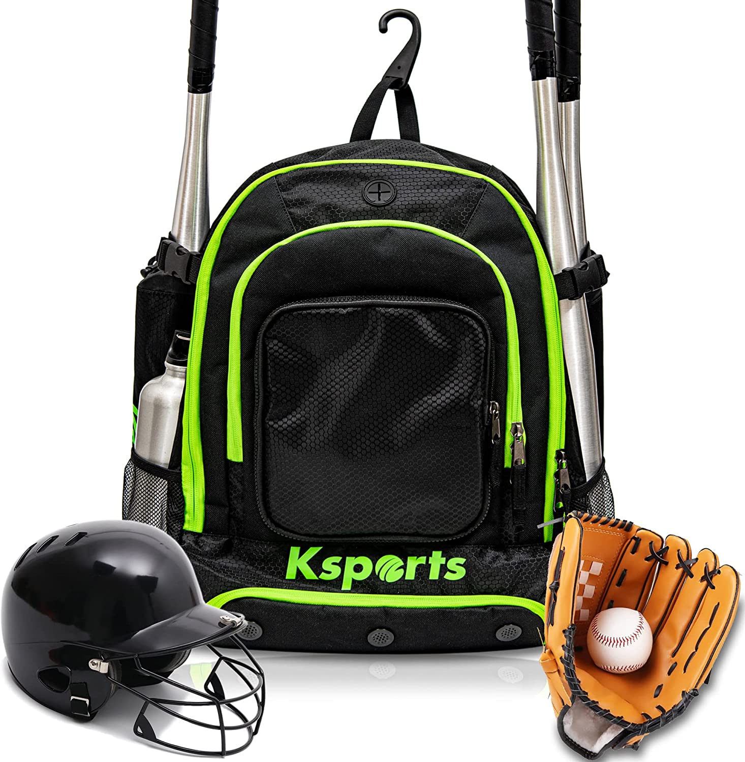 Ksports Baseball Backpack Black with Green Zipper (KSU6003)