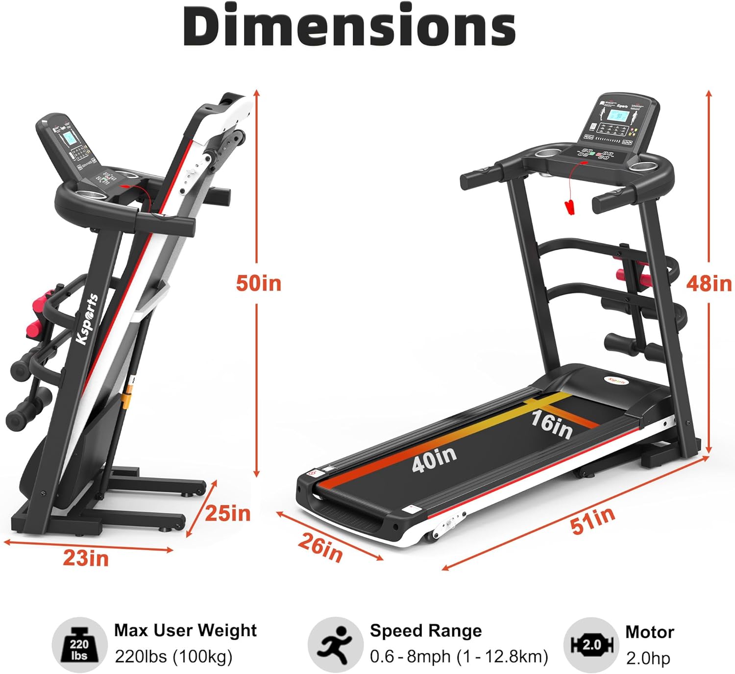 Ksports Multi-functional Treadmill Bundle - Model AEP1001 (2.0HP/Max: 220lbs)