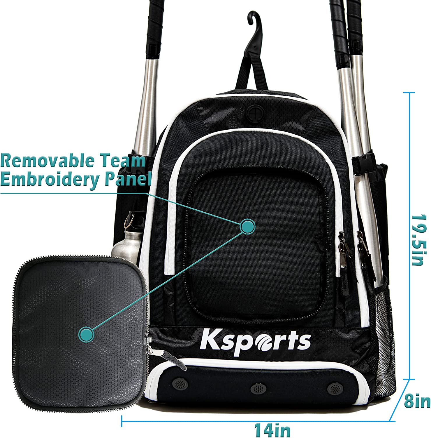 Ksports Baseball Backpack Black with White Zipper