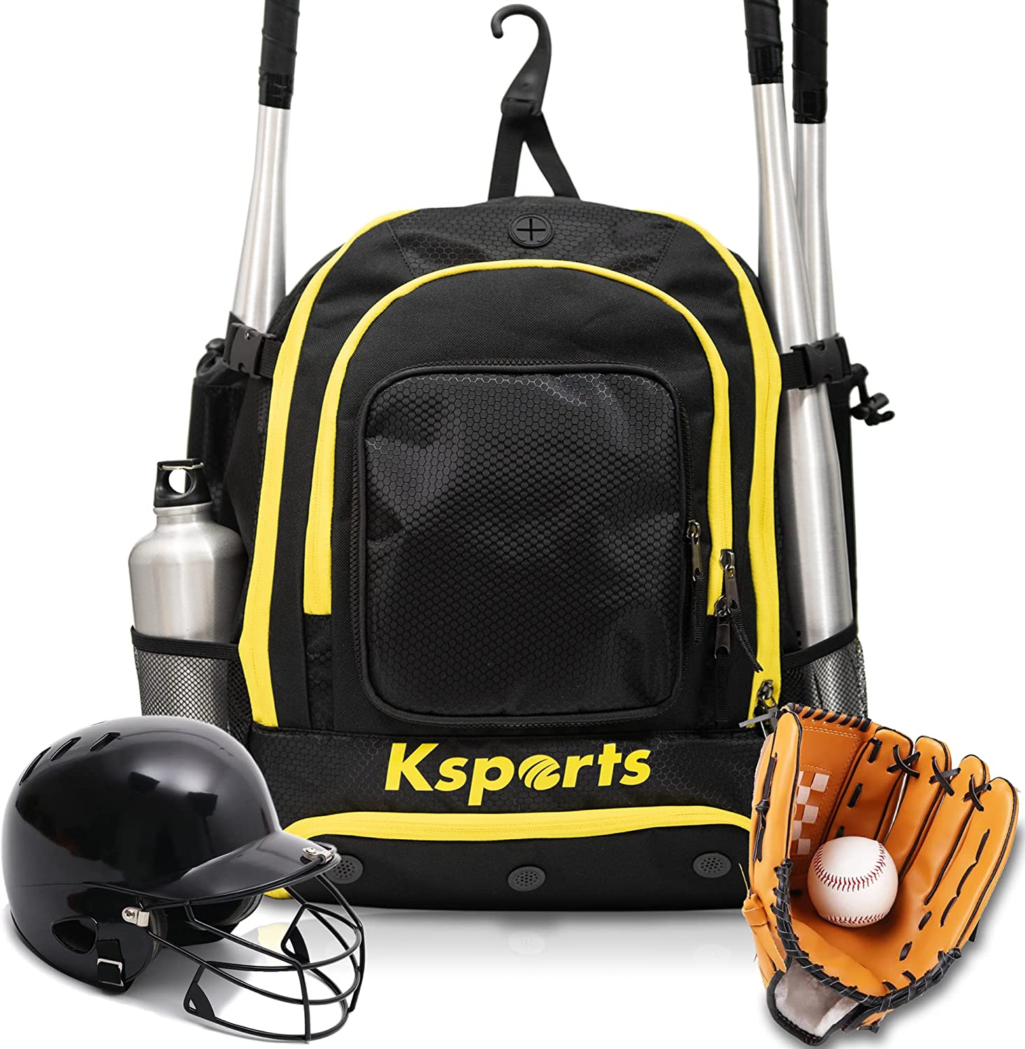 Ksports Baseball Backpack Black with Yellow Zipper