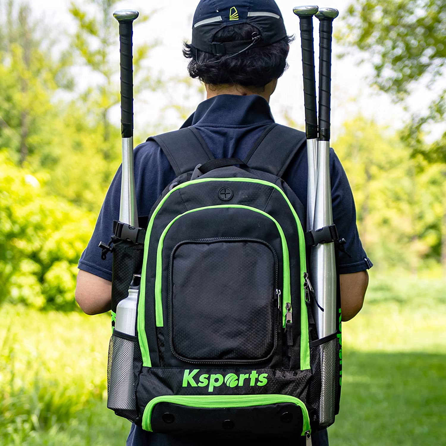 Ksports Baseball Backpack Black with Green Zipper (KSU6003)