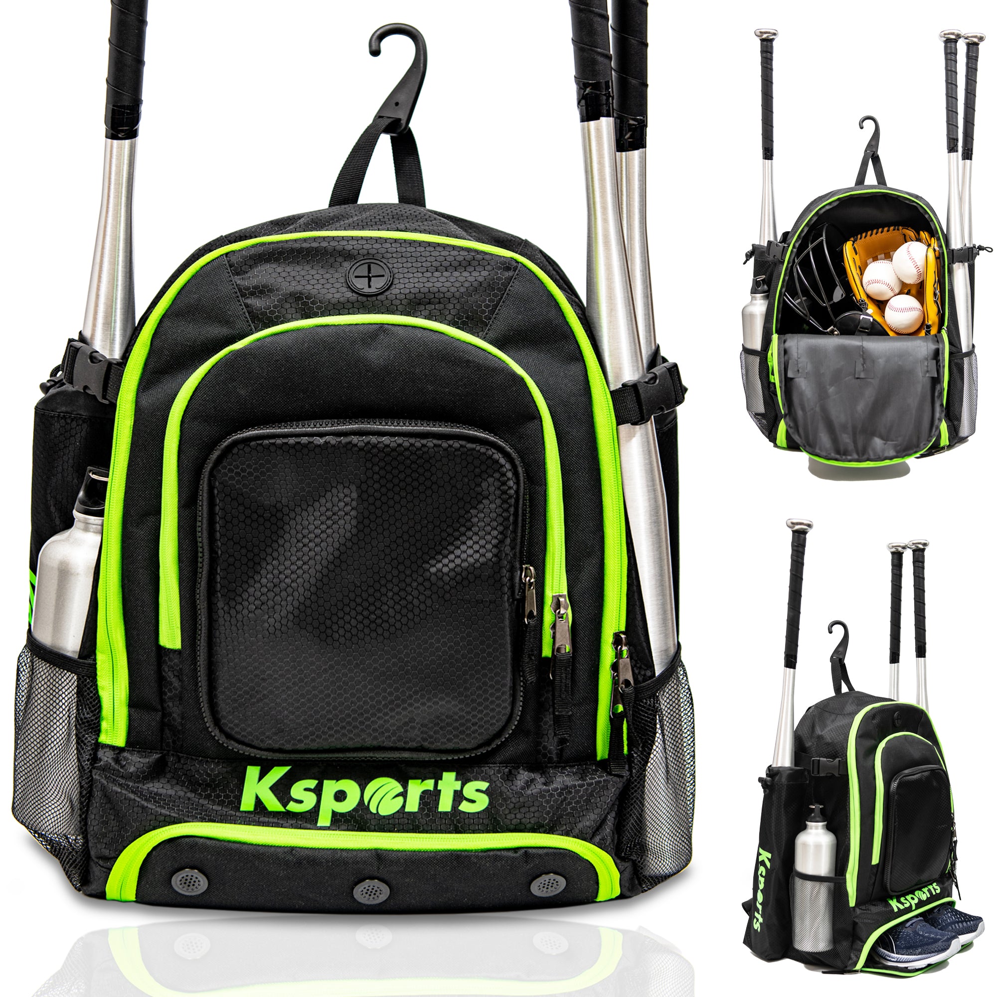 Ksports Baseball Backpack Black with Green Zipper