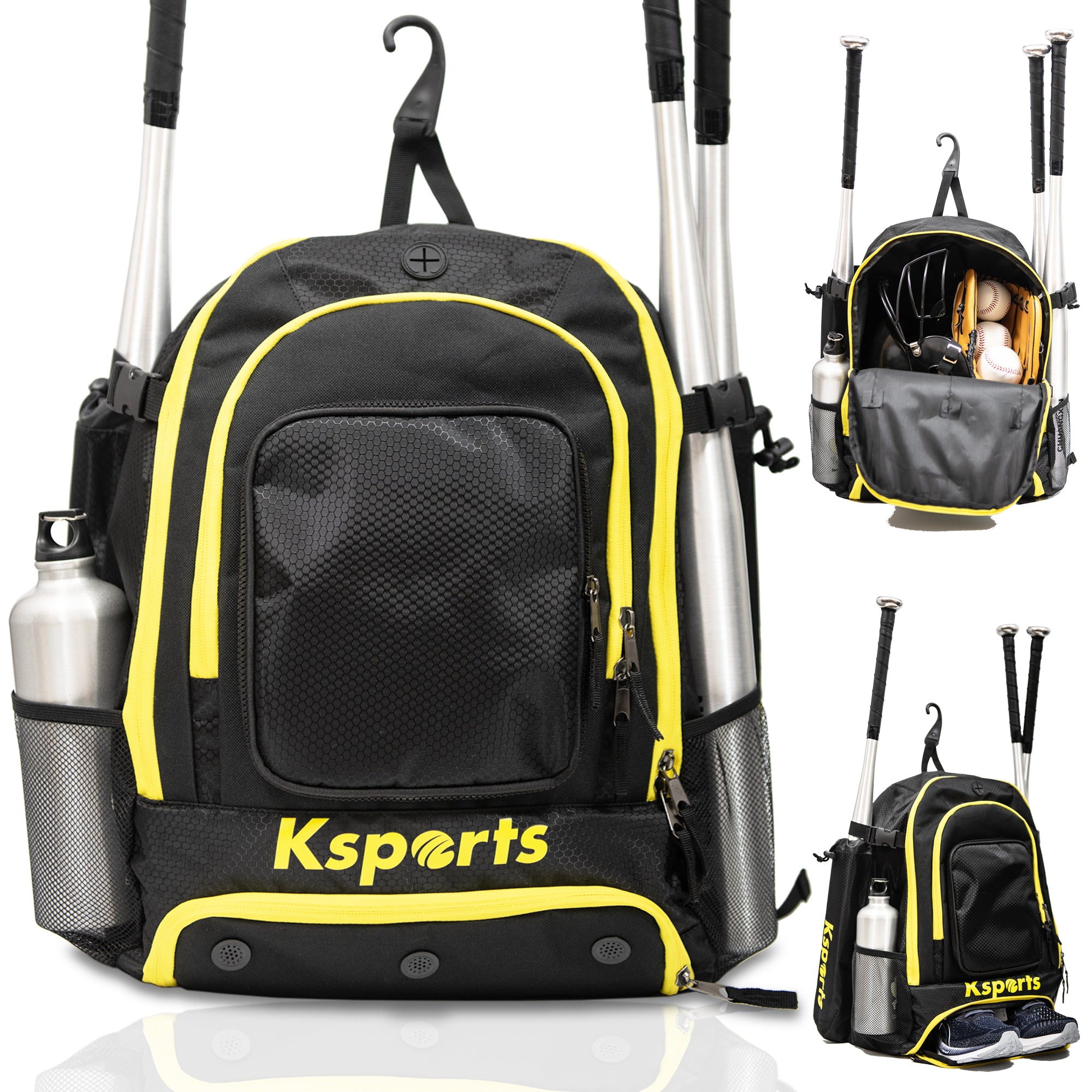 Ksports Baseball Backpack Black with Yellow Zipper