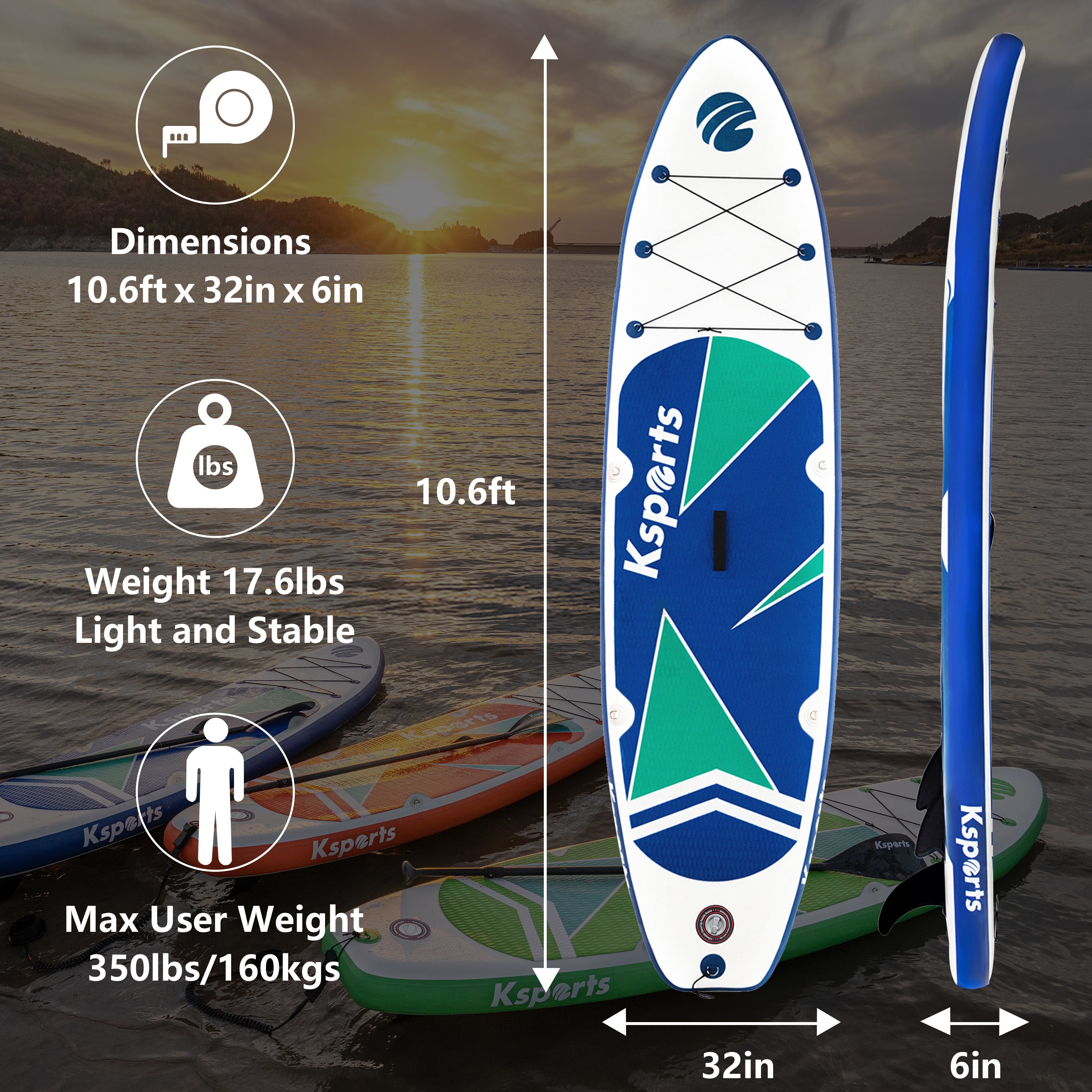 Ksports Inflatable Stand Up Paddle Board Blue (10.6ftⅹ32inⅹ6in)