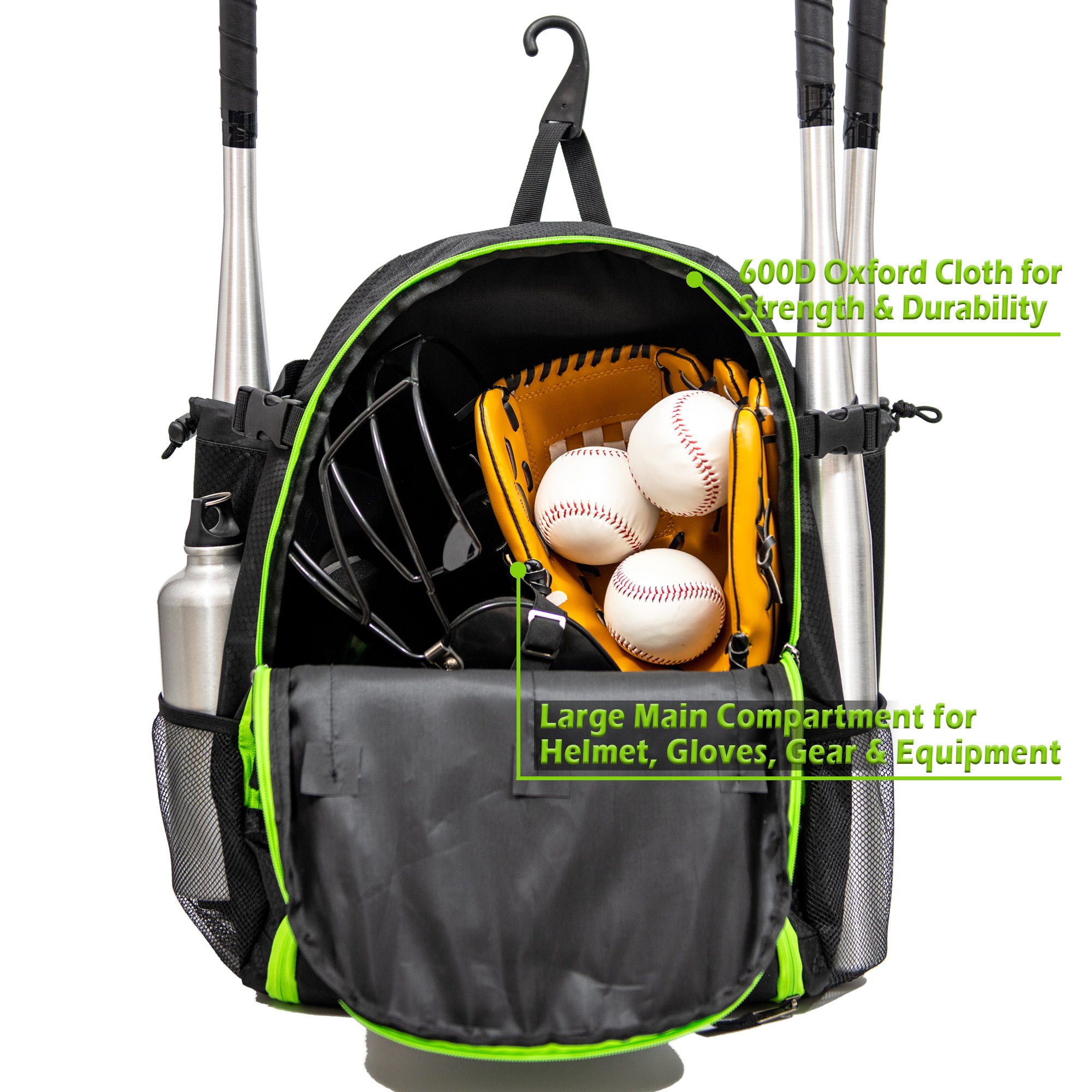 Ksports Baseball Backpack Black with Green Zipper
