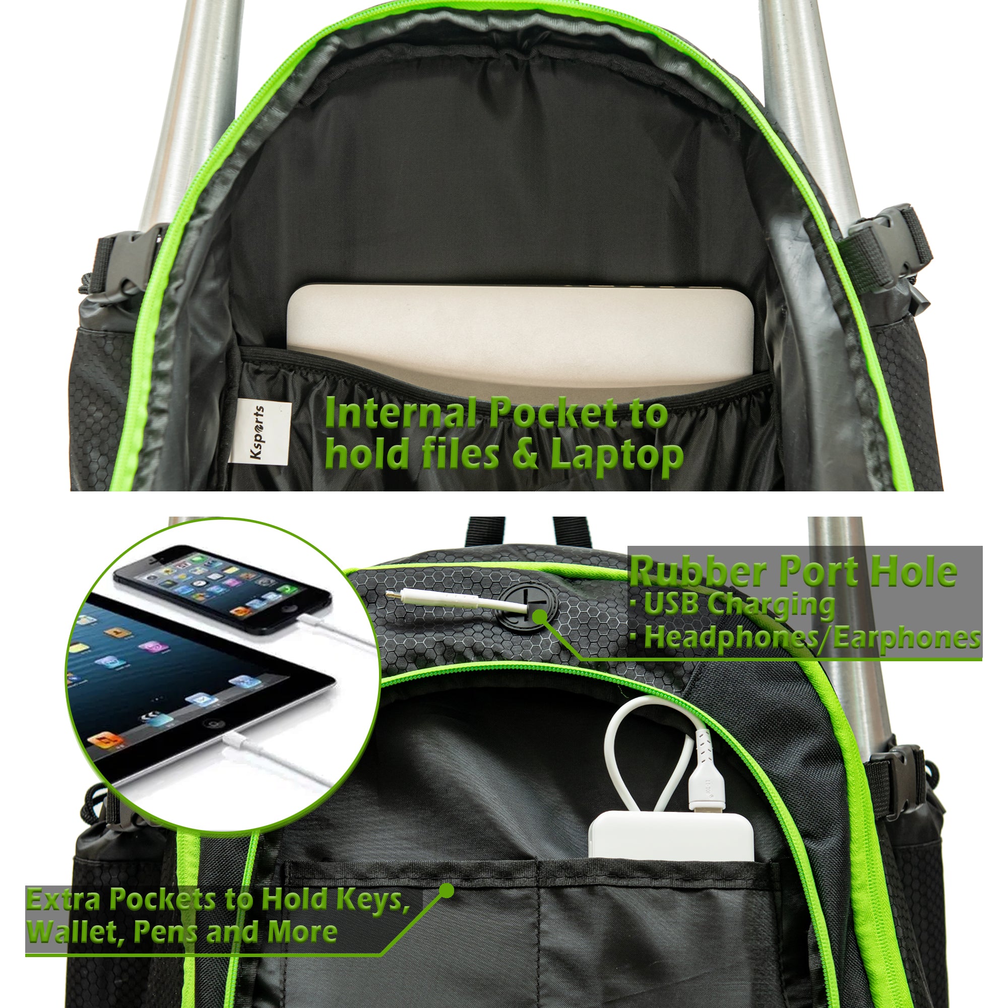 Ksports Baseball Backpack Black with Green Zipper (KSU6003)