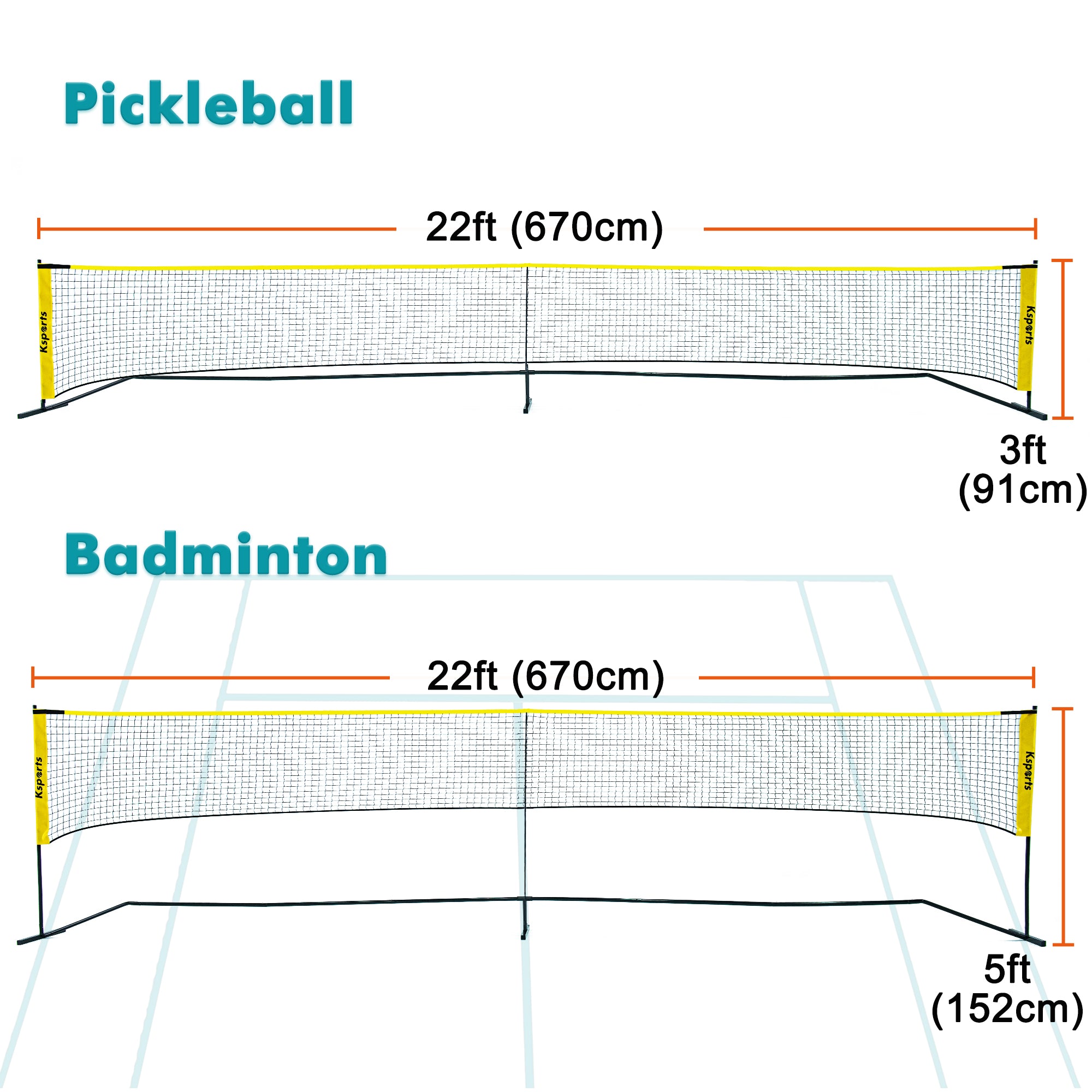 Ksports Regulation Size Pickleball Net 22 Feet Yellow